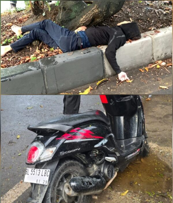 Seorang pemuda yang mengendarai sepeda motor Honda Scopy BL 5513 LBC ditemukan meninggal dunia di trotoar jalan Gampong Meunasah Manyang, Kecamatan Ingin Jaya Aceh Besar, Senin pagi (9/6). (Foto: Ist)