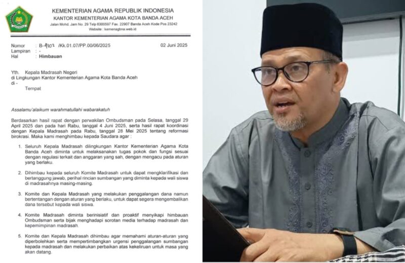 Kakan Kemenag Kota Banda Aceh Salman Arifin mengeluarkan imbauan tegas kepada kepala madrasah untuk segera mengembalikan dana komite sumbangan dari wali murid yang dihimpun tanpa dasar aturan jelas. (Foto: Ist)