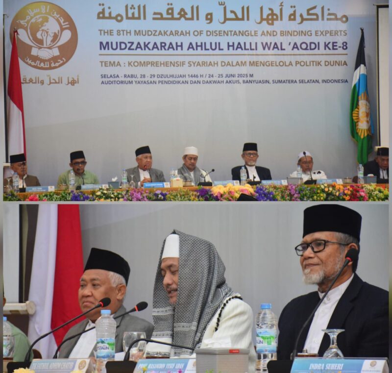 Guru Besar UIN Ar Raniry, Prof Dr Tgk Hasanuddin Yusuf Adan MCL MA menjadi narasumber Muzakarah Ahlul Halli Wal 'Aqdi ke-8 di Auditorium Yayasan Pendidikan Islam dan Dakwah AKUIS, Banyuasin, Sumsel, Selasa (24/6/2025). (Foto: Ist)