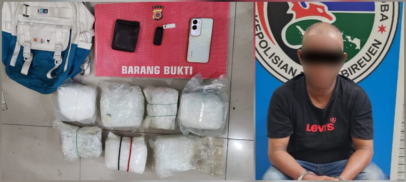 Satresnarkoba Polres Bireuen menggagalkan peredaran sabu seberat 6,3 kg dan mengamankan seorang pelaku berinisial HB (51). (Foto: Ist)