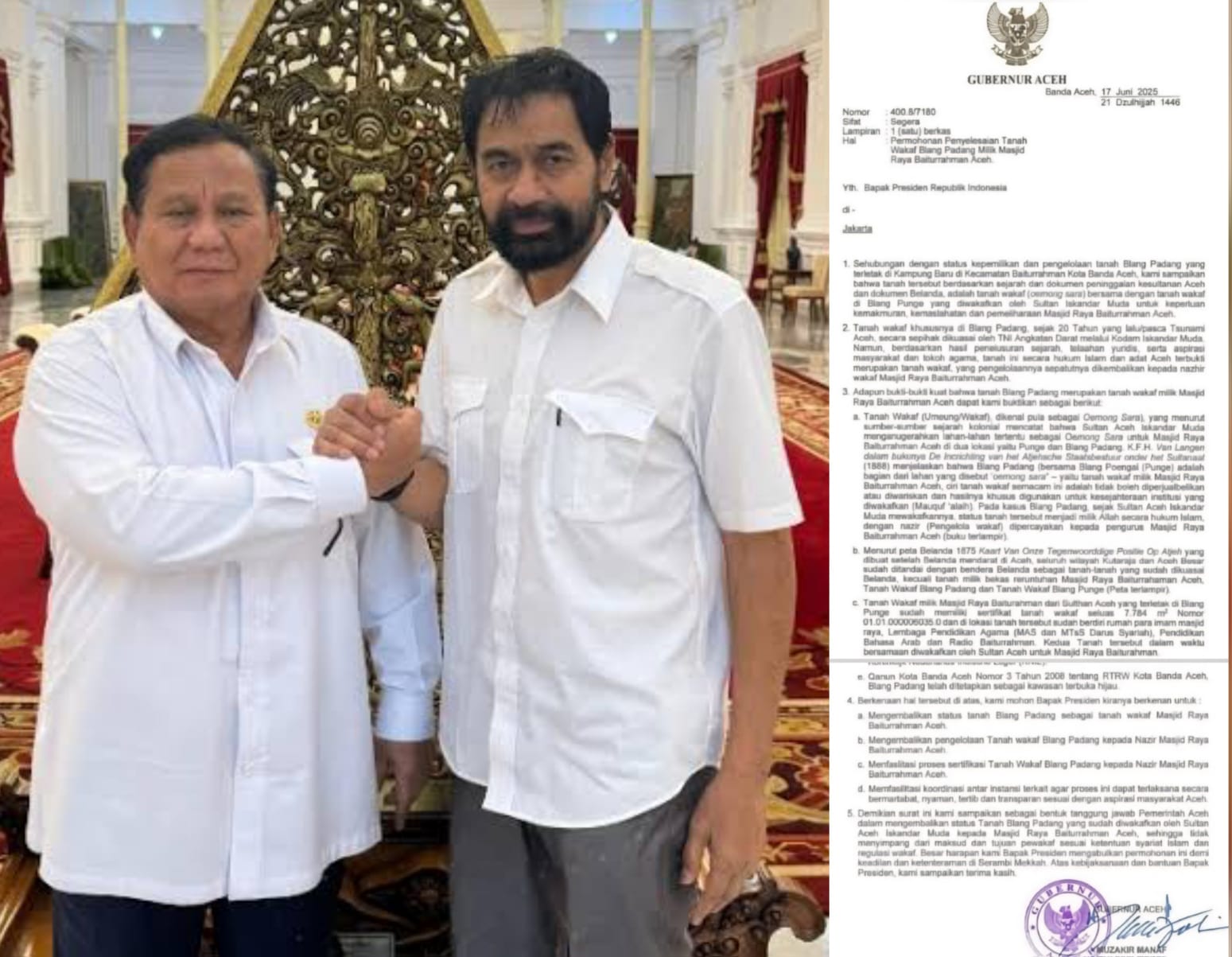 Gubernur Aceh Muzakir Manaf atau Mualem menyurati Presiden Prabowo Subianto untuk memohon penyelesaian status tanah wakaf Blang Padang Banda Aceh yang telah lama dikuasai TNI. (Foto: Ist)
