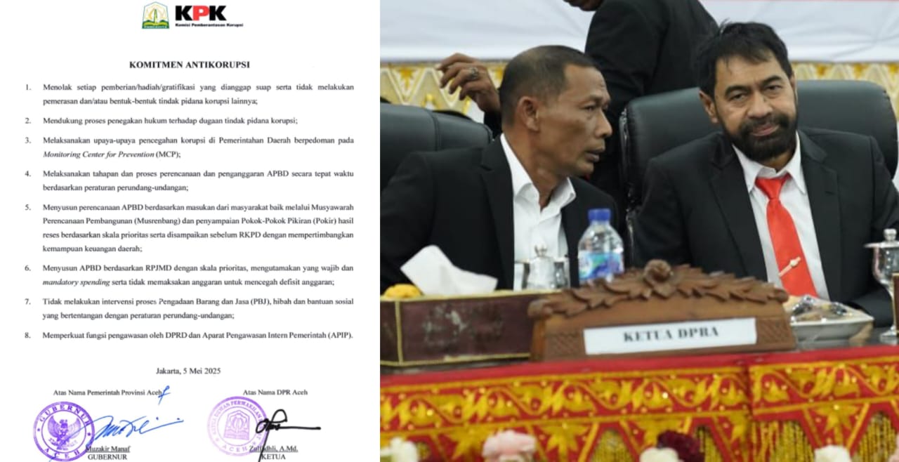 Komitmen antikorupsi yang ditandatangani oleh Gubernur Aceh Muzakir Manaf dan Ketua DPRA Zulfadhli bersama KPK dipertanyakan karena dinilai hanya seremoni belaka. (Foto: Ist)