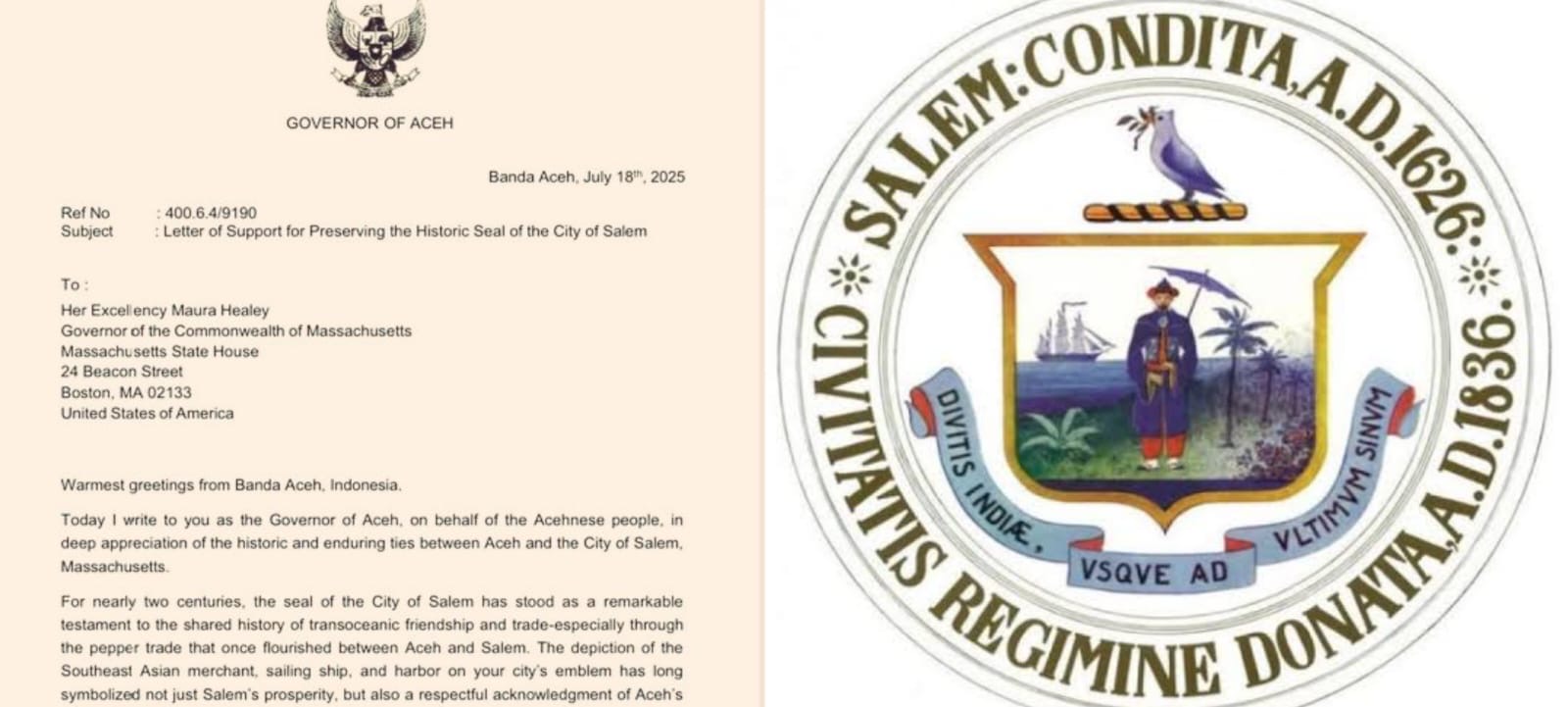 Mualem Minta Lambang Kota Salem Dipertahankan, Simbol Hubungan Dagang Aceh-Amerika Abad 18