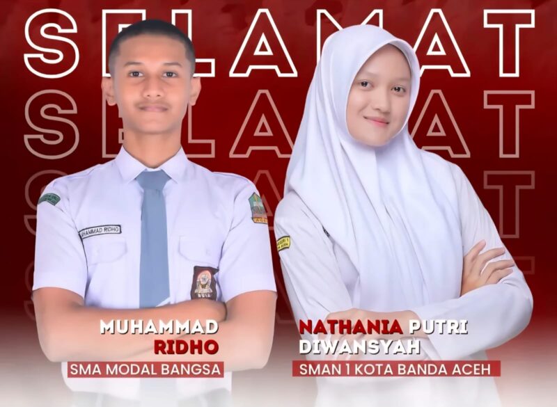Dua pelajar terbaik Aceh, Muhammad Ridho (Siswa SMA Negeri Modal Bangsa Aceh) dan Nathania Putri Diwansyah (Siswi SMA Negeri 1 Banda Aceh) terpilih sebagai Pasukan Pengibar Bendera Pusaka (Paskibraka) Nasional 2025. (Foto: Ist)