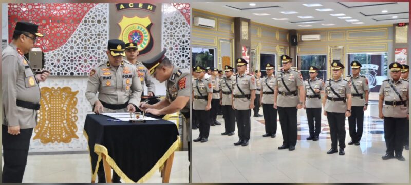 Kapolda Aceh Irjen Pol Achmad Kartiko memimpin upacara serah terima jabatan empat pejabat utama dan dua kapolres jajaran Polda Aceh di lobi Mapolda Aceh, Kamis, 10 Juli 2025. (Foto: Ist)