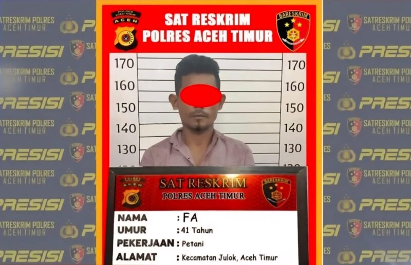Seorang pria berinisial FA (41), warga Kecamatan Julok, Aceh Timur, ditangkap Satreskrim Polres Aceh Timur karena mencabuli anak kandungnya. (Foto: Ist)