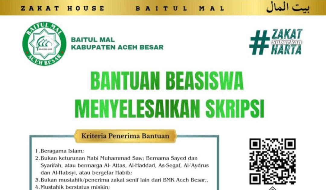 Baitul Mal Kabupaten (BMK) Aceh Besar kembali menunjukkan komitmennya dalam mendukung pendidikan dengan membuka pendaftaran program bantuan beasiswa penyelesaian skripsi.
