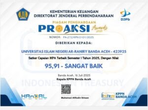 UIN Ar-Raniry Raih Penghargaan Proaksi Award 2025 dari KPPN Banda Aceh