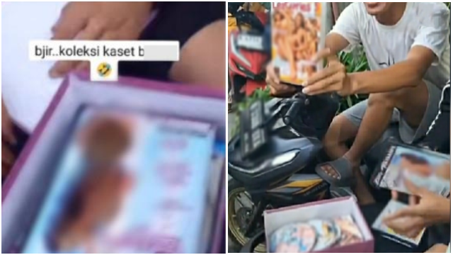 Tangkapan layar video yang viral di media sosial, memperlihatkan massa yang menjarah rumah anggota DPR Ahmad Sahroni menemukan sebuah kotak berisi koleksi kaset film dewasa, Sabtu (30/8/2025).