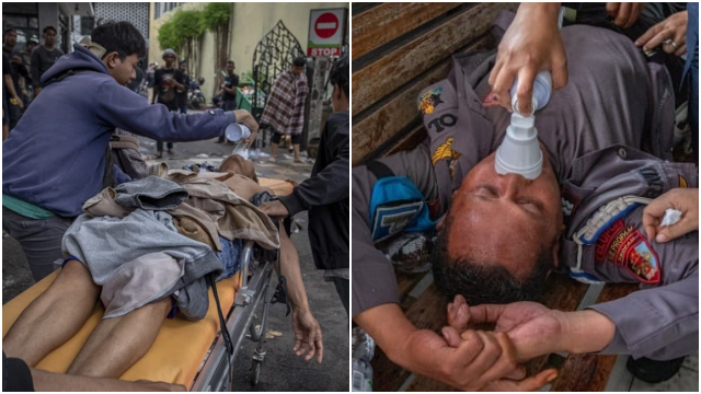 Massa mendobrak gerbang kantor Bupati Pati dalam aksi unjuk rasa yang berakhir ricuh, Rabu (13/8/2025).