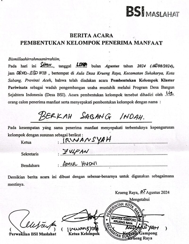 Berita acara pembentukan Kelompok Berkah Sabang Indah (BSI) Gampong Krueng Raya, Kecamatan Sukakarya, Kota Sabang pada 5 Agustus 2024 (Foto: Ist)