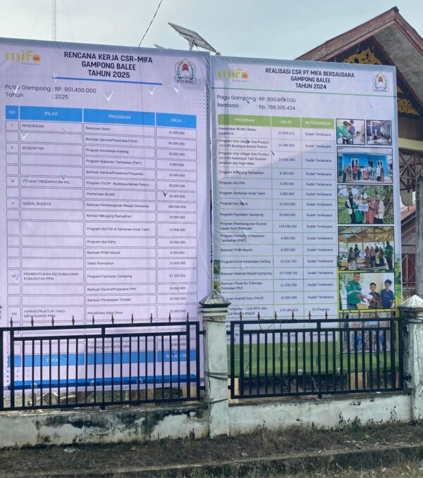 Pemasangan baliho untuk transparansi penggunaan dana CSR PT Mifa Bersaudara di gampong-gampong dalam Kecamatan Meureubo, Aceh Barat. (Foto: Ist)