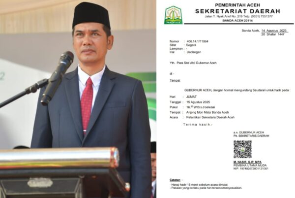 M Nasir Syamaun menjabat Sekda Aceh definitif. Pelantikan dilakukan Jum'at sore (15/8). (Foto: Ist)