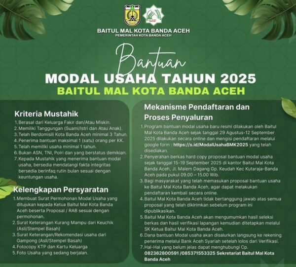Baitul Mal Kota (BMK) Banda Aceh membuka kesempatan bagi masyarakat yang berasal dari keluarga fakir-miskin untuk memperoleh bantuan modal usaha tahun 2025