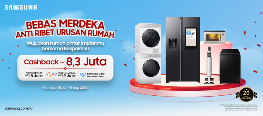 Iklan promosi Samsung bertajuk "Bebas Merdeka Anti Ribet Urusan Rumah" yang menawarkan cashback hingga Rp8,3 juta untuk rangkaian produk rumah tangga Bespoke AI, yang berlangsung dari 15 Juli hingga 14 September 2025.