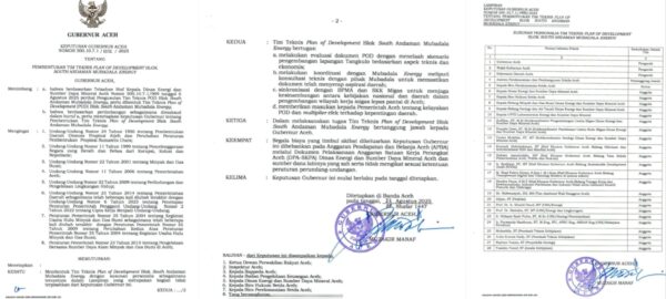 Keputusan Gubernur Aceh Nomor 500.10.7.1/1012/2025 tentang pembentukan Tim Teknis Plan of Development (POD) Blok South Andaman Mubadala Energy. (Foto: Ist)