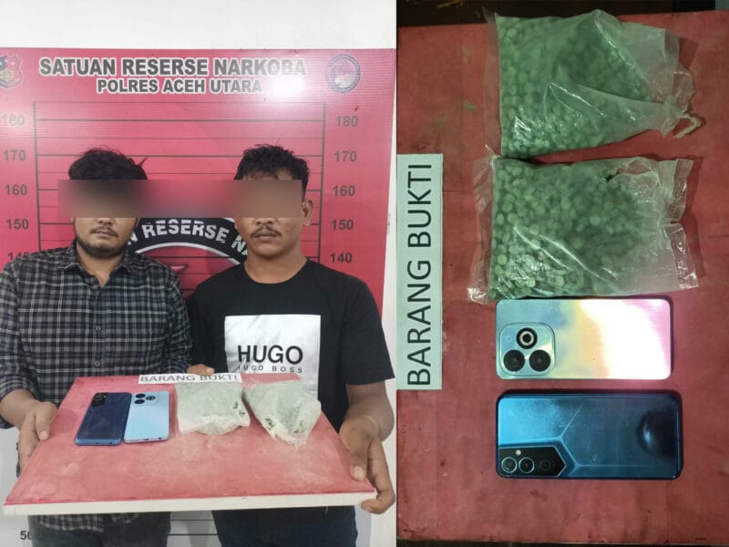 Dua pengedar 1.350 butir pil ekstasi berinisial SW (24), warga Gampong Alue Bu Tunong, Kecamatan Peureulak Timur, Aceh Timur, dan NA (21), warga Batuphat Timur, Kecamatan Muara Satu, Lhokseumawe, diringkus dalam operasi di SPBU Geudong, Aceh Utara. (Foto: Ist)