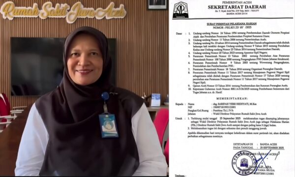 Gubernur Aceh Muzakir Manaf atau Mualem menunjuk drg. Sarifah Yessi Hediyati MKes sebagai Plh. Direktur RSJ Aceh.