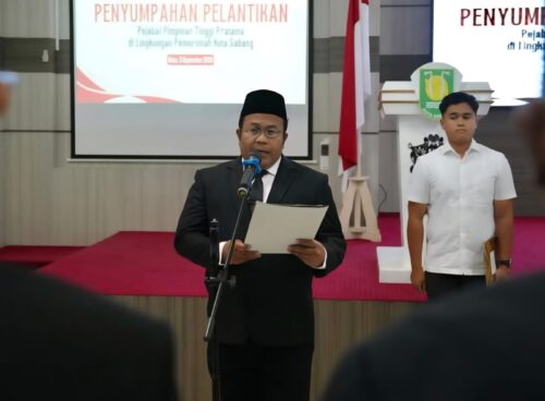 Wali Kota Sabang Zulkfli H Adam dalam sambutannya pada pelantikan pejabat Eselon II di lingkungan Pemko Sabang, Rabu, 3 September 2025.