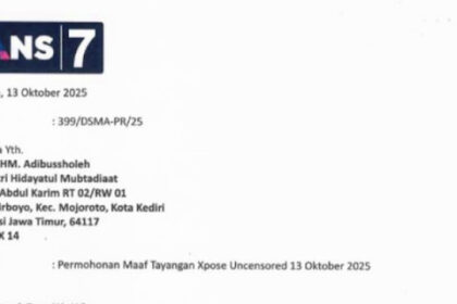 Stasiun televisi Trans7 akhirnya melayangkan surat permohonan maaf kepada keluarga besar Pondok Pesantren (Ponpes) Lirboyo, khususnya di bawah naungan PP Putri Hidayatul Mubtadiaat, usai tayangan program Xpose Uncensored menuai kecaman luas dari kalangan pesantren.