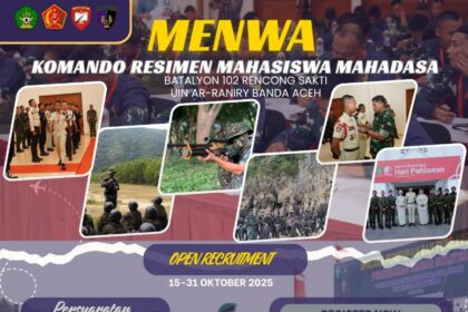 Resimen Mahasiswa (Menwa) Batalyon 102 Rencong Sakti Universitas Islam Negeri (UIN) Ar-Raniry Banda Aceh kembali membuka penerimaan anggota baru tahun 2025.