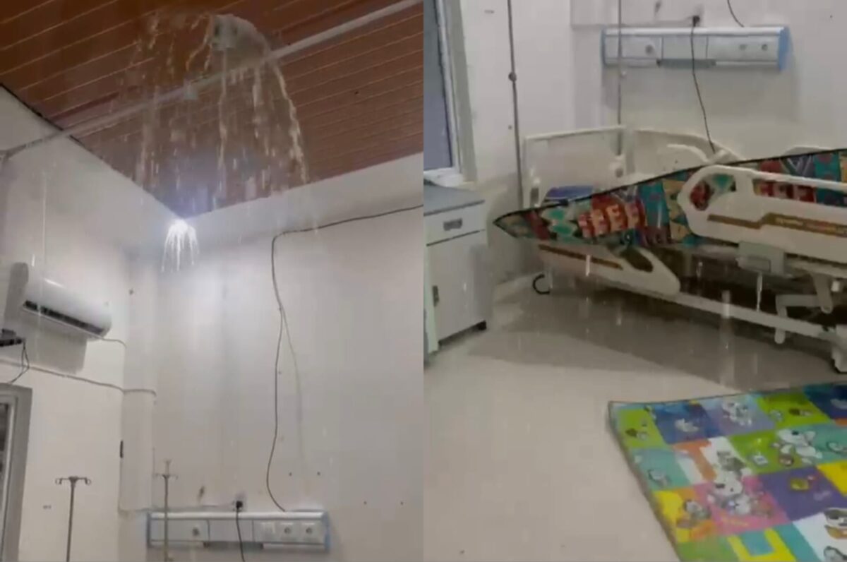 Gedung rawat inap pasien di RSUD Cut Nyak Dhien Meulaboh, Aceh Barat, bocor saat hujan deras. (Foto: Ist)