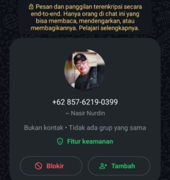 Data kontak yang digunakan pelaku, lengkap dengan foto profil dan nama Nasir Nurdin, Ketua PWI Aceh. (Foto: Tangkapan layar)