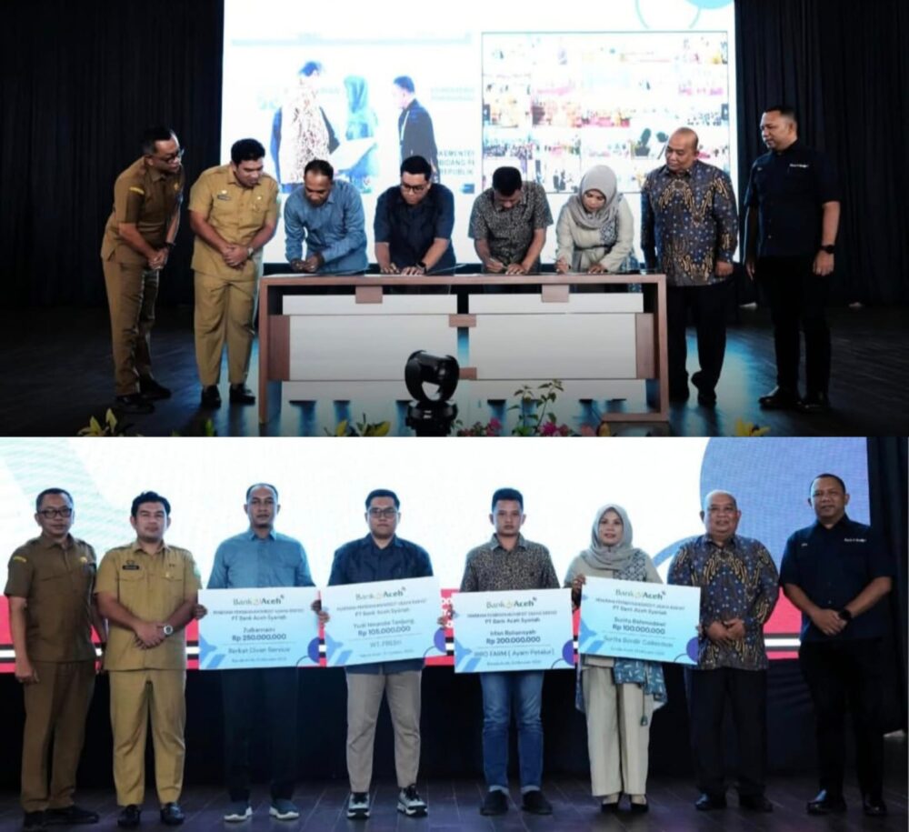 Bank Aceh Syariah sebagai penyelenggara akad massal KUR di Aceh. Kegiatan ini berlangsung di Gedung Balee Meuseuraya Aceh (BMA), Selasa (21/10).