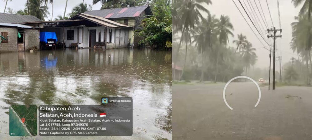 Hujan deras yang mengguyur Aceh Selatan sejak Senin (25/11) menyebabkan banjir di kawasan Pasie Lembang, Kecamatan Kluet Selatan, Aceh Selatan. (Foto: Ist)