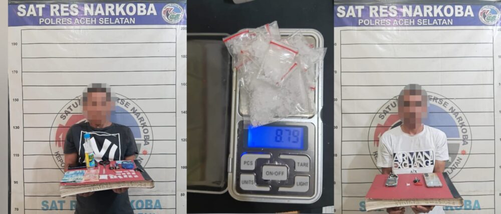 Satresnarkoba Polres Aceh Selatan berhasil mengungkap jaringan peredaran narkotika lintas kabupaten dan menangkap dua pengendar. (Foto: Ist)