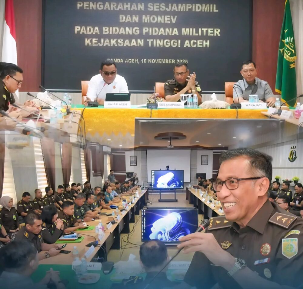 Kejati Aceh menerima kunjungan Sekretaris Jampidmil Chaerul Amir SH MH dalam rangka Monev kinerja serta supervisi pelaksanaan tugas bidang pidana militer di wilayah Aceh, Selasa (18/11). (Foto: Ist)