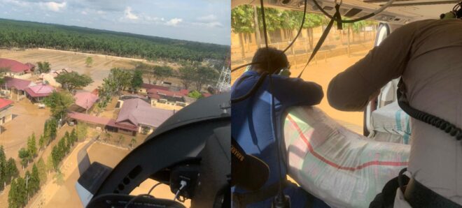 Bantuan kemanusiaan untuk masyarakat terdampak bencana di wilayah Aceh Tamiang disalurkan lewat drop udara dengan helikopter. (Foto: Ist)