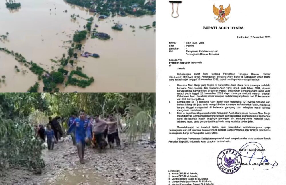 Surat Bupati Aceh Utara ke Presiden RI menyatakan tidak lagi mampu menangani darurat bencana banjir besar yang melanda, menimbulkan kerusakan parah dan korban jiwa terus bertambah. (Foto: Ist)