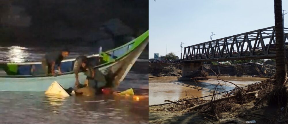 Satu unit boat penyeberangan (di bawah Jembatan Kutablang, Bireuen, terbalik pada Kamis subuh (4/12). (Foto: Ist)