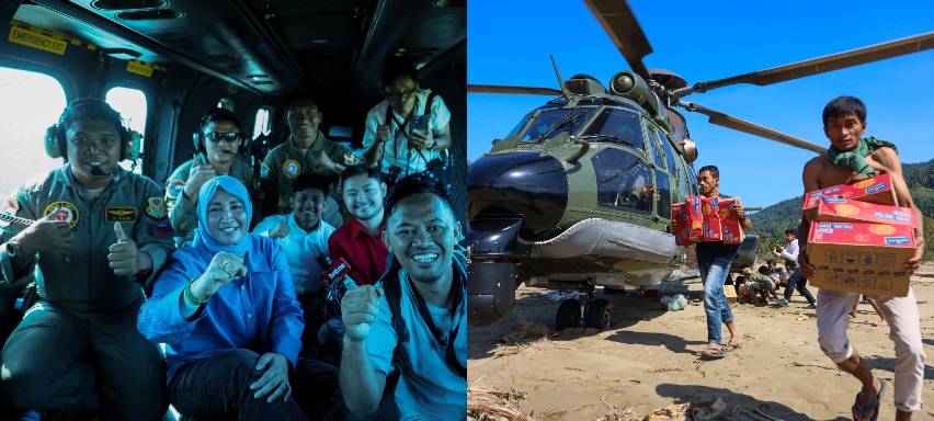 Ketua TP PKK Aceh Marlina Usman atau Kak Na, berhasil menembus pedalaman Aceh Timur, di Kecamatan Lokop, menumpang Helikopter Caracal milik TNI AU, Kamis (4/12).