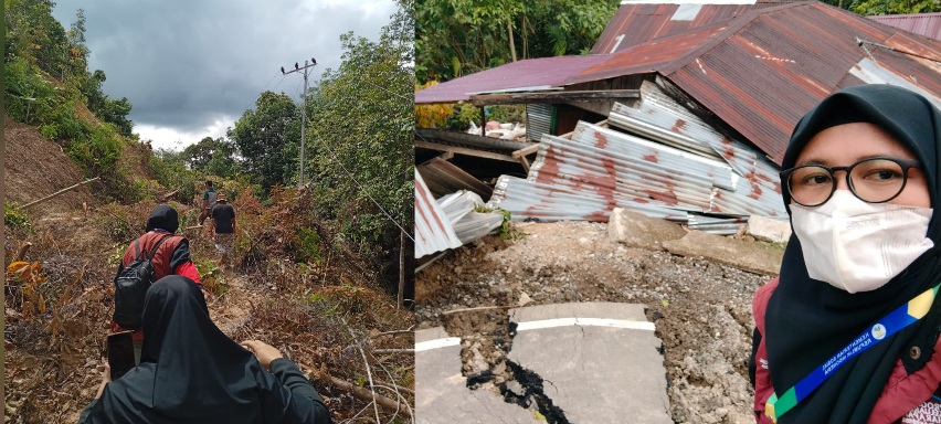 Koordinator PKH Kecamatan Langsa Baro, Yuki Erlangga SKM pada Rabu (3/12) menembus lokasi tanah longsor di Dusun Trom, Desa Sukajadi Makmur, Kecamatan Langsa Baro. (Foto: Ist)