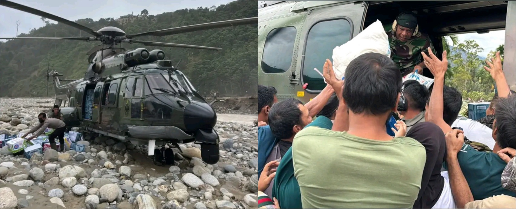 Helikopter TNI AU Mendarat Darurat di Aliran Sungai Distribusikan Bantuan ke Gayo Lues