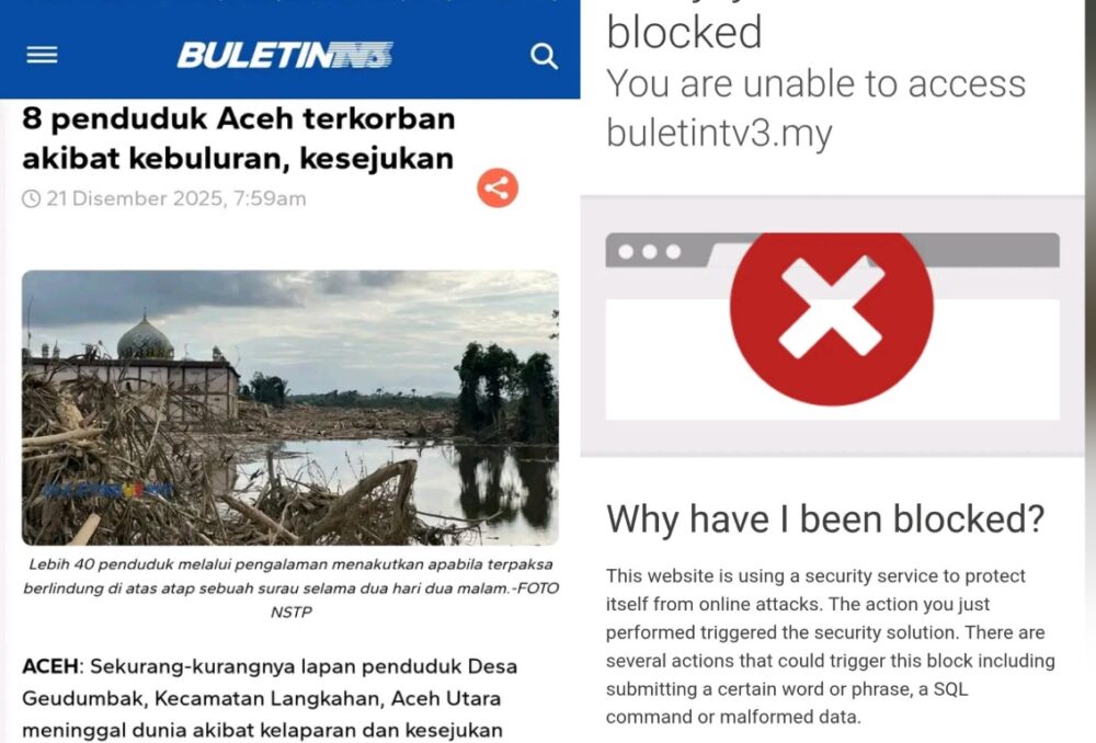 Laporan media Malaysia, Buletin TV3, yang mengungkap dugaan meninggalnya 8 warga korban banjir di Desa Geudumbak, Kecamatan Langkahan, Aceh Utara, akibat kelaparan dan kedinginan diblokir di Indonesia. (Foto: Ist)