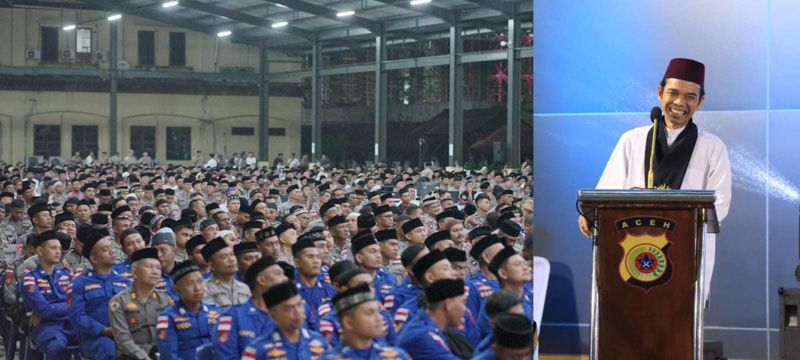Ustaz Abdul Somad menyampaikan tausiah trauma healing melalui pendekatan religi kepada personel Polda Aceh, Kamis malam, 25 Desember 2025. (Foto: Ist)