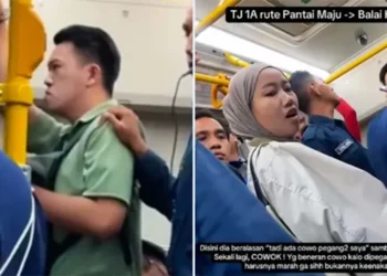 Tangkapan layar video yang beredar di media sosial memperlihatkan dua pria diduga melakukan perbuatan asusila di dalam bus TransJakarta rute 1A, Jakarta Utara, Kamis (15/1/2026).