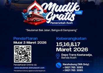Pemerintah Aceh kembali menghadirkan program Mudik Gratis Tahun 2026 bagi masyarakat yang ingin merayakan Hari Raya Idul Fitri 1447 H di kampung halaman. | INFOACEH.net Pemerintah Aceh kembali menghadirkan program Mudik Gratis Tahun 2026 bagi masyarakat yang ingin merayakan Hari Raya Idul Fitri 1447 H di kampung halaman.