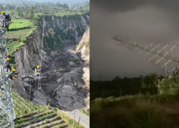 PLN merobohkan tower SUTET 150 kV dekat lubang raksasa di Desa Pondok Balik, Kecamatan Ketol, Kabupaten Aceh Tengah Senin malam (2/2). (Foto: Ist)