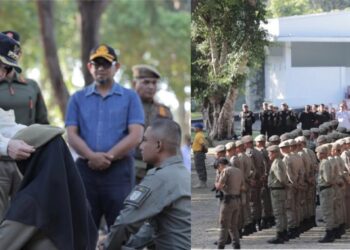 Sebanyak 218 anggota Satpol PP-WH Banda Aceh mengikuti apel pembaiatan dan penyematan baret di Taman Bustanussalatin atau Taman Sari, Sabtu (7/2). (Foto: Ist)