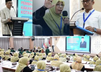 Kakan Kemenag Banda Aceh Salman Arifin, Kepala MTsN 1 Model Banda Aceh Dr Hj Ummiyani dan Ketua Komite Mulizar pada pembukaan Raker 2026 MTsN 1 Model Banda Aceh. (Foto: Ist)