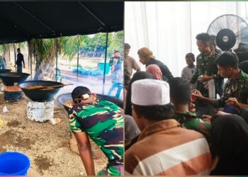 Jajaran TNI dari Kodim 0117/Aceh Tamiang menyiapkan 2.500 porsi kuah beulangong untuk buka puasa bersama perdana korban bencana banjir bandang di huntara Aceh Tamiang. (Foto: Ist)