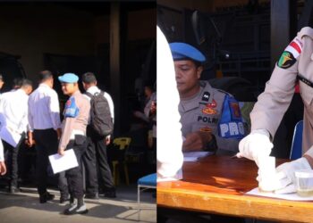 Personel Sidokkes Polresta Banda Aceh saat melakukan pengumpulan sampel urine dari anggota Polri di bawah pengawasan ketat Sipropam. Pemeriksaan mendadak ini dilakukan sebagai bagian dari pengawasan melekat terhadap disiplin anggota. (Foto: Dok. Humas Polresta Banda Aceh/Istimewa)