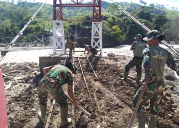 Pembangunan Jembatan Gantung Desa Burlah Kecamatan Ketol, Aceh Tengah terus dipacu.