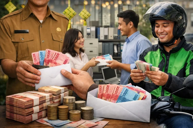 Teks Foto: Ilustrasi pencairan Tunjangan Hari Raya (THR) dan Bonus Hari Raya (BHR) Lebaran 2026 yang digelontorkan pemerintah untuk ASN, pekerja swasta, dan pengemudi ojek daring.