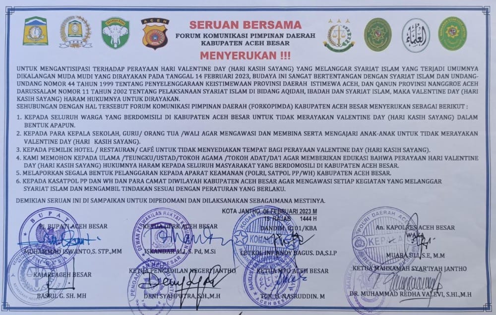 Seruan bersama Forkopimda Aceh Besar yang melarang perayaan Valentine Day