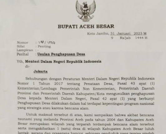 Pemkab Aceh Besar menyurati Mendagri untuk mengusulkan penghapusan Desa Pulo Bunta, Kecamatan Peukan Bada